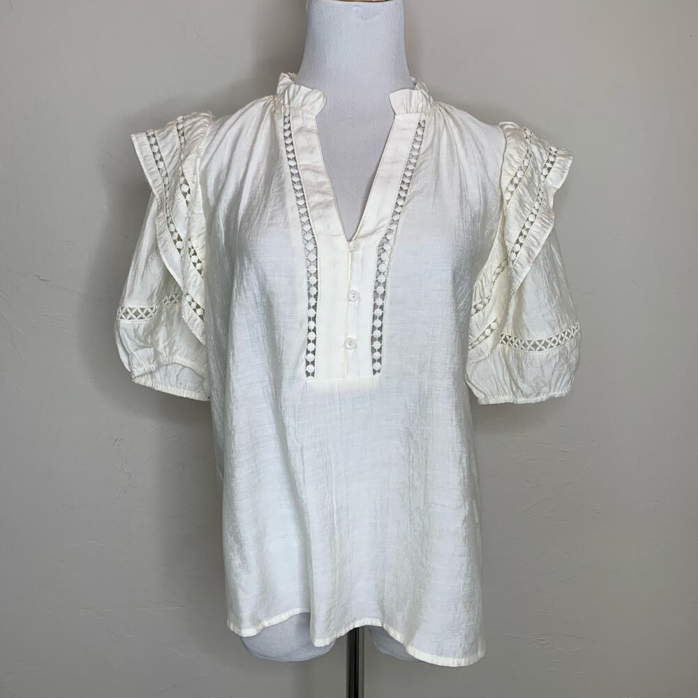 Cream Short Sleeve Blouse Cutout Lace Trim Ruffle Neck Sz Small Joy Joy